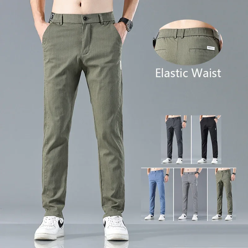 

Men Spring Summer Thin Loose Pants Straight Leg Stretch High Waist Trousers Male High Quality Simplicity Army Green Long Pants