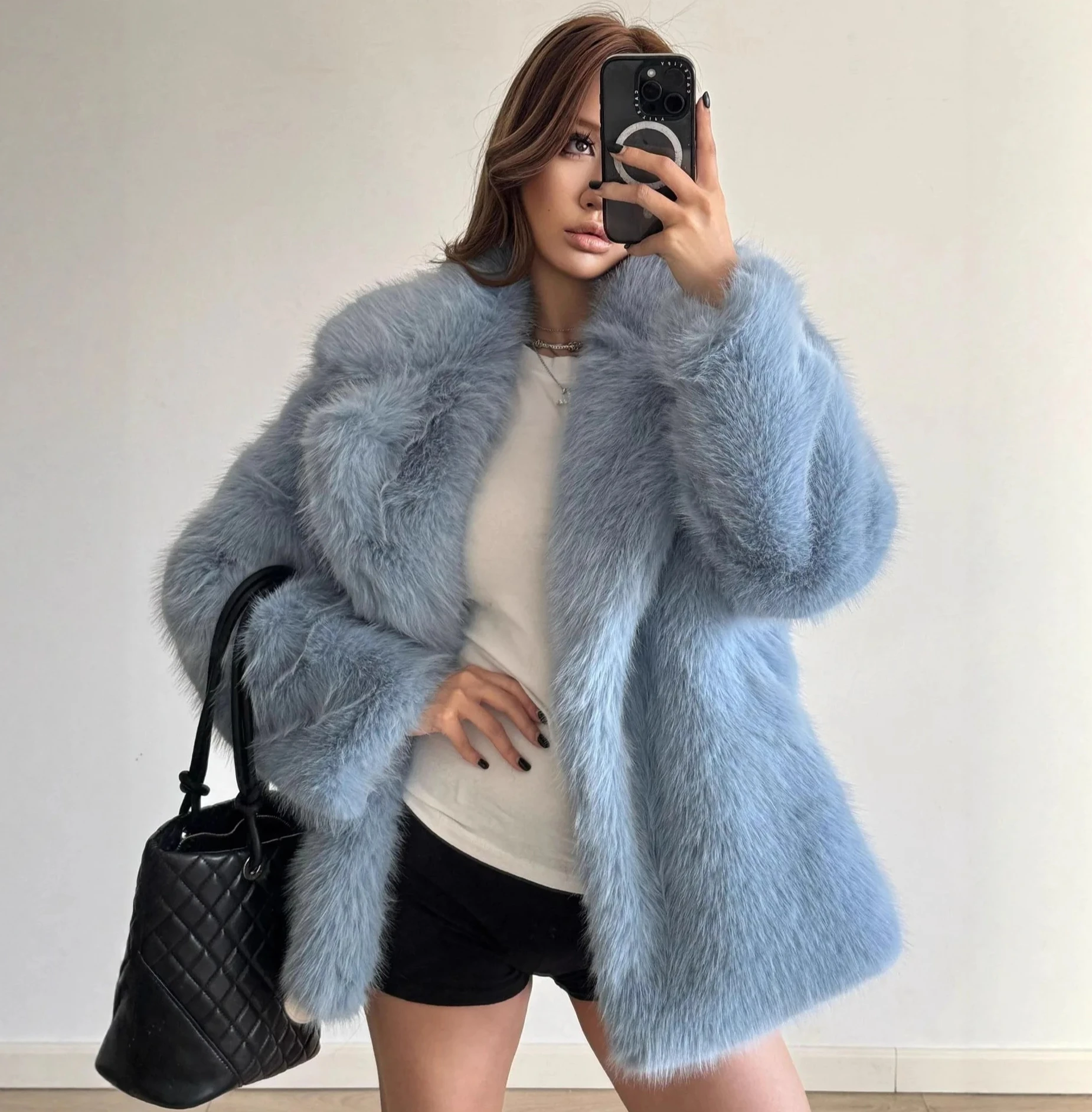 الخريف الشتاء سميكة دعوى طوق فو الفراء معطف المرأة السلس لينة فروي الثعلب الفراء سترة الأزياء أفخم معطف معطف الفرو وهمية