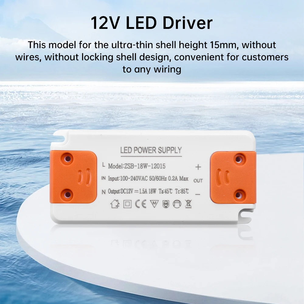 DC12V Ultra Thin Lighting Transformer LED Power Supply 12W 1A 18W 1.5A 24W 2A 36W 3A LED Driver AC185-260V Wide Voltage Input