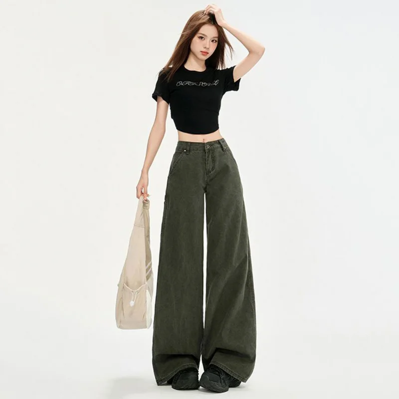 

Армейские зеленые джинсы slim-fit от дизайнера для женщин с карманами. Модные универсальные свободные широкие брюки для невысоких девушек 2025 года.