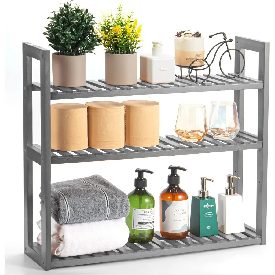 

Деревянная полка для ванной комнаты, 3-уровневая регулируемая полка для обуви, вешалка для растений, настенная или подставка для гостиной, серая