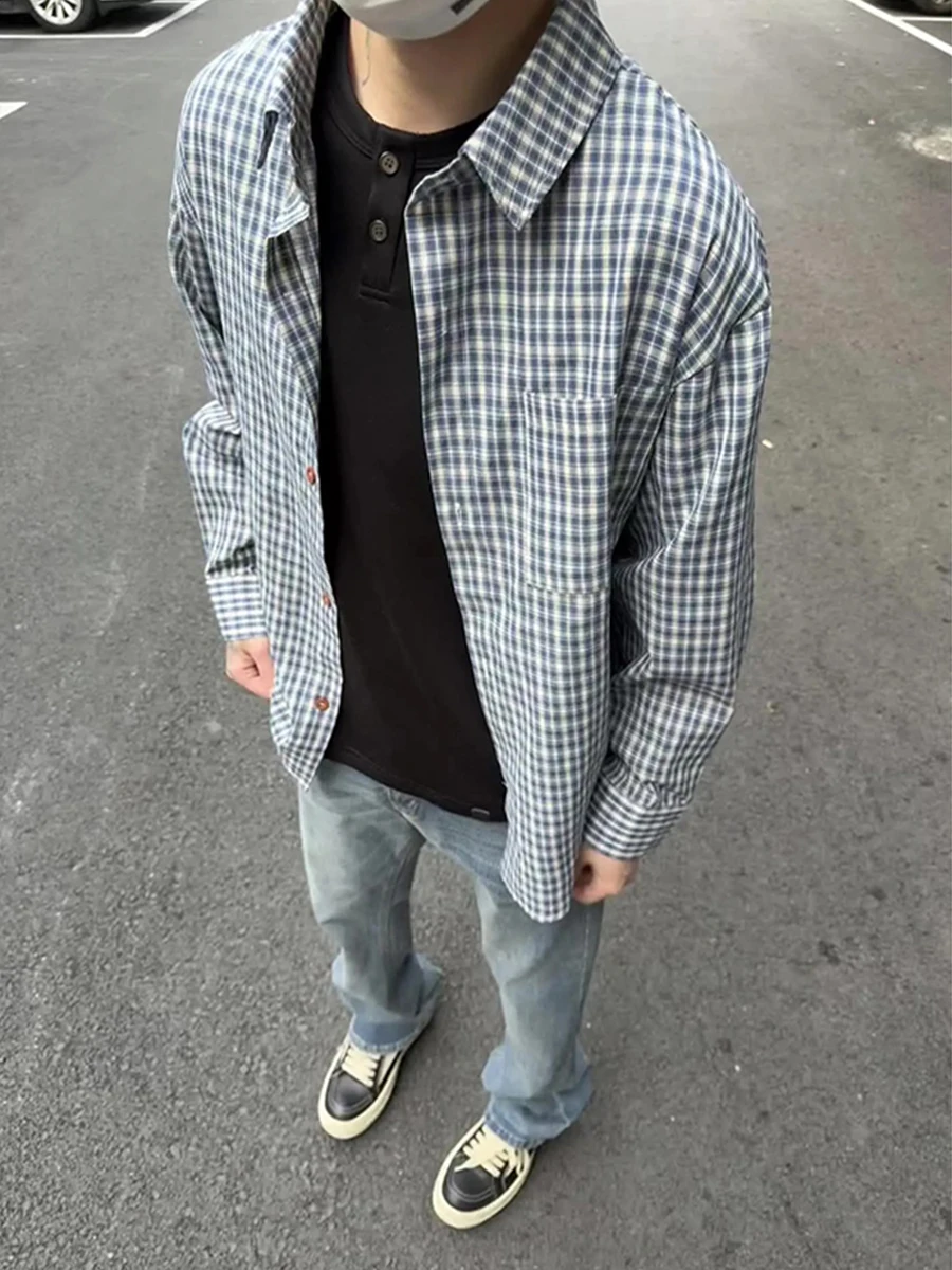 

Retro Japanese Blue White Plaid Men's Long Sve irt Spring Cleanfit Layering Sun Protection Outerwear American Sle