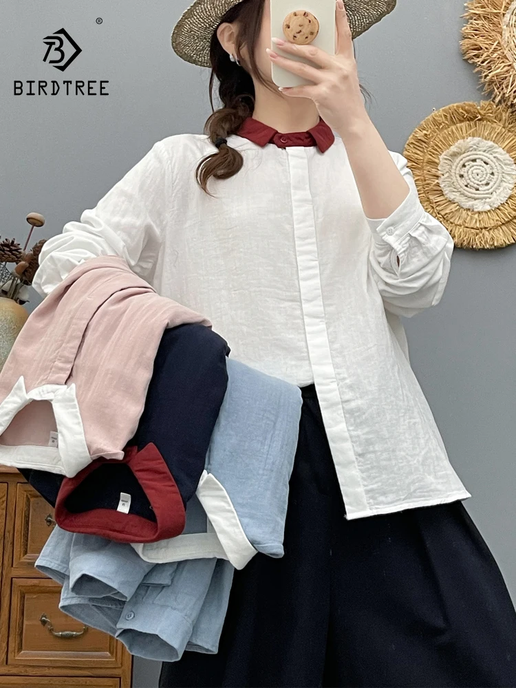 

New 2026 Spring Women Cotton Yarn Long Sleeve Shirt, Lapel Color Blocking, Mori Girl Design Sense Thin Loose Blouse T63853CC