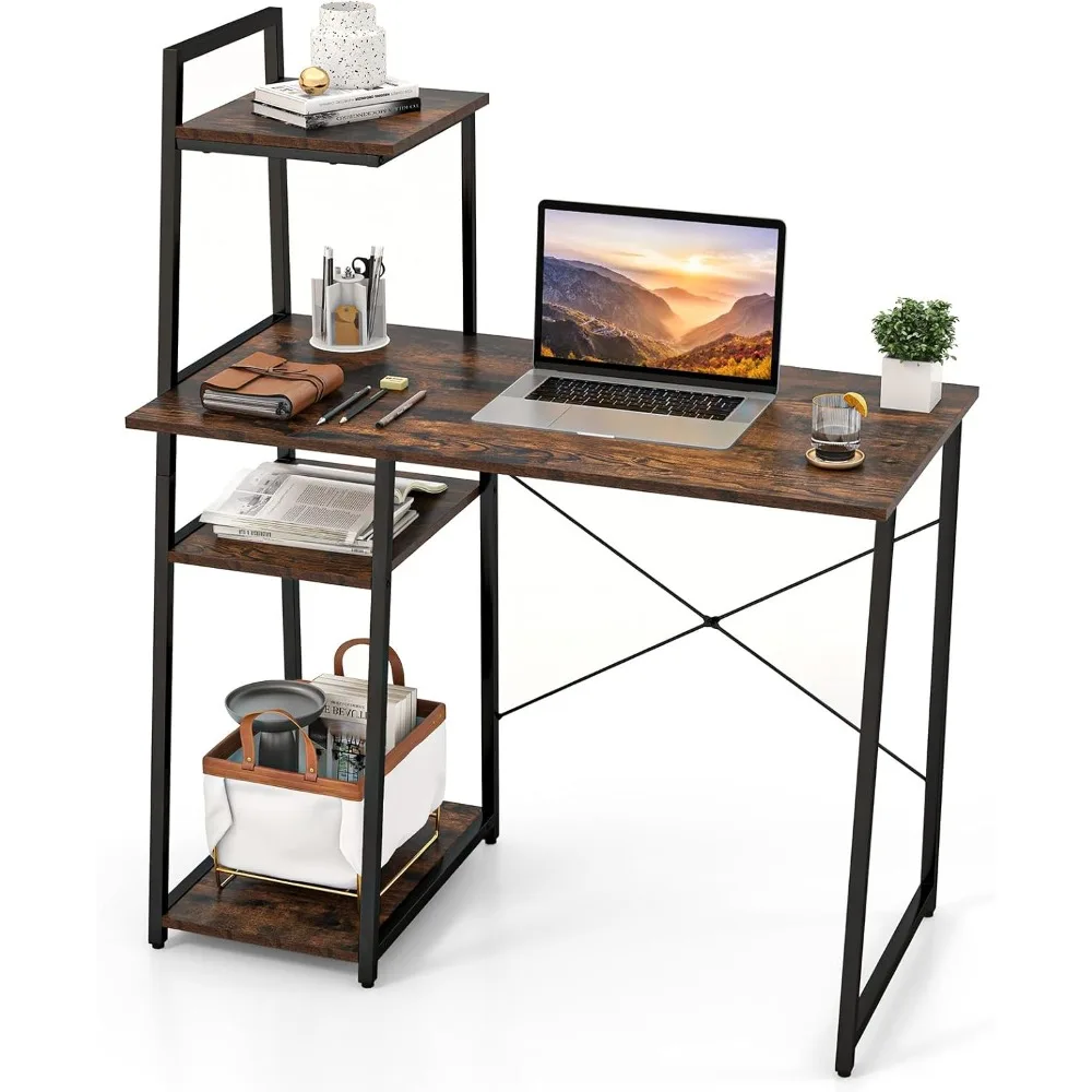 

Computer Desk with Shelves, Space Saving Home Office Desk with 3-Tier Ladder Shaped Storage Bookshelf, Modern Writing Study Des