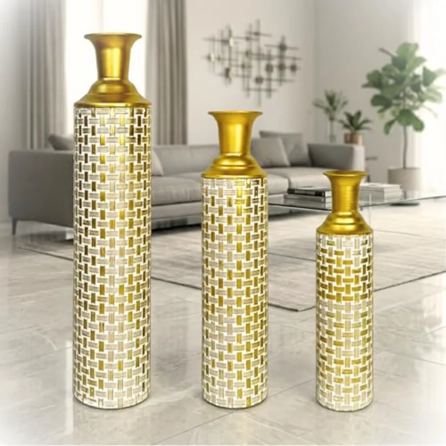 Home decor tall floor vase set of 3 in gold metal 26/21/16 inches modern vintage rustic farmhouse style with pampas grass