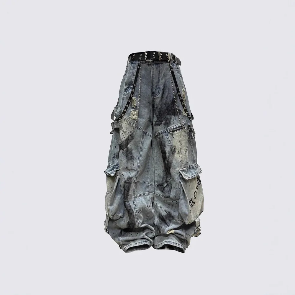 American Style Spliced Deconstructed Sash Workwear Jeans Men's Four Seasons Trendy High Street Multi Pocket Hole Wide Leg Pants