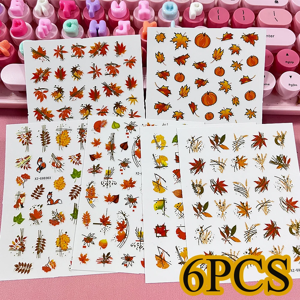 Juego de 6 hojas de pegatinas 3D de hoja de arce para uñas, autoadhesivas, hoja de otoño, Ginkgo Biloba, calabaza, calcomanías para decoración de uñas, pegatinas de láminas Y2K