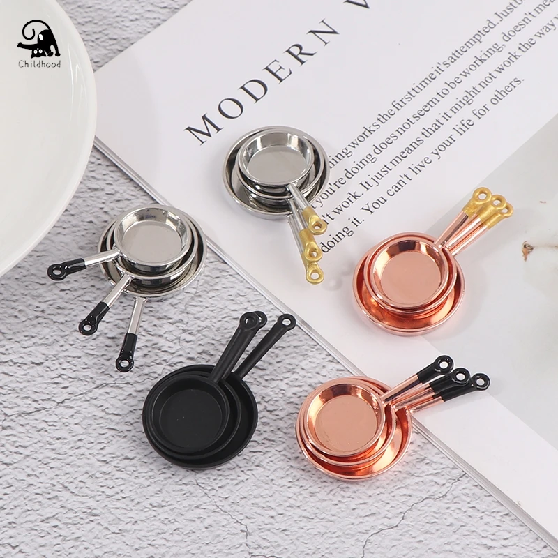 3Pcs 1/12 Dollhouse Miniature Accessories Mini Metal Saucepan Simulation Furniture Kitchen Pan Model Toys for Doll House Decor