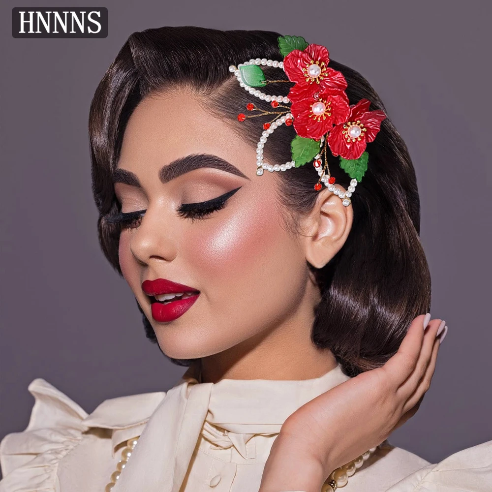

HNNNS Chinese Hanfu Hair Comb Bridal Wedding Hair Accessories Red Flowers Headdress Retro Wedding Hairpins Headwear Gifts A396