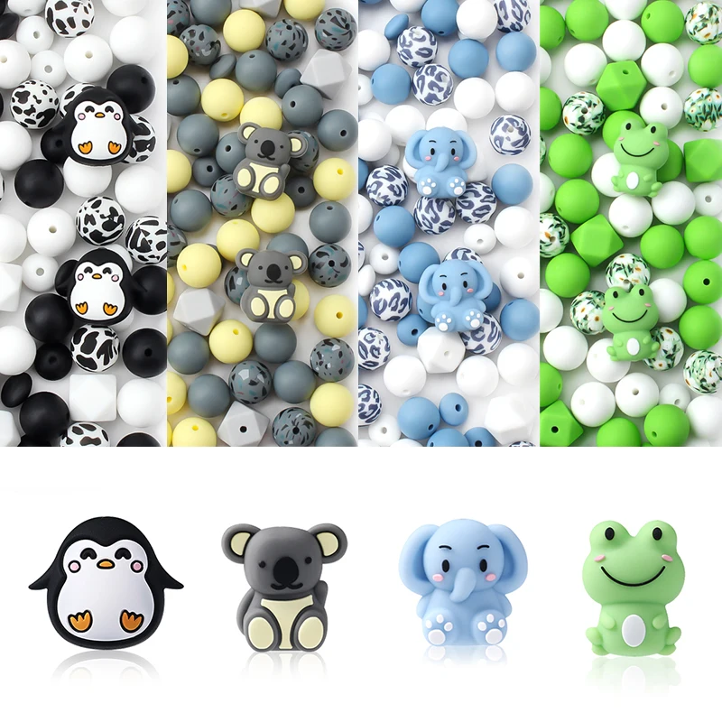 3D Animal Theme Focal Silicone Beads Set Elephants Penguin Frogs Beads for DIY Jewelry Making Beaded Pen Accessory Keychain
