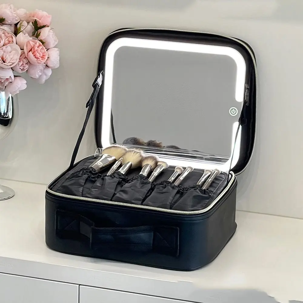 Multi-compartments Makeup Bag with LED Lights Detachable Dividers Large Capacity LED Makeup Storage Box Handle Waterproof