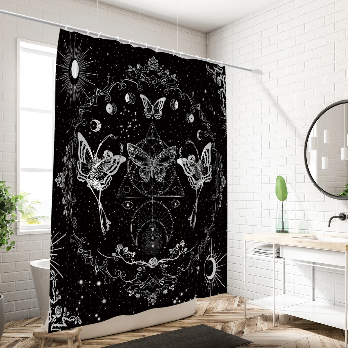 1PC skull and butterfly, Gothic style shower curtain, waterproof, washable, with 12 hooks, bathroom shower, bathtub, home use