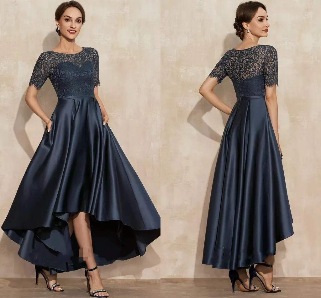 

Elegant Navy Blue High Low Satin Lace Mother of the Bride Dress Scoop Asymmetrical Bridal Party Gown Customed Robe De Soiree