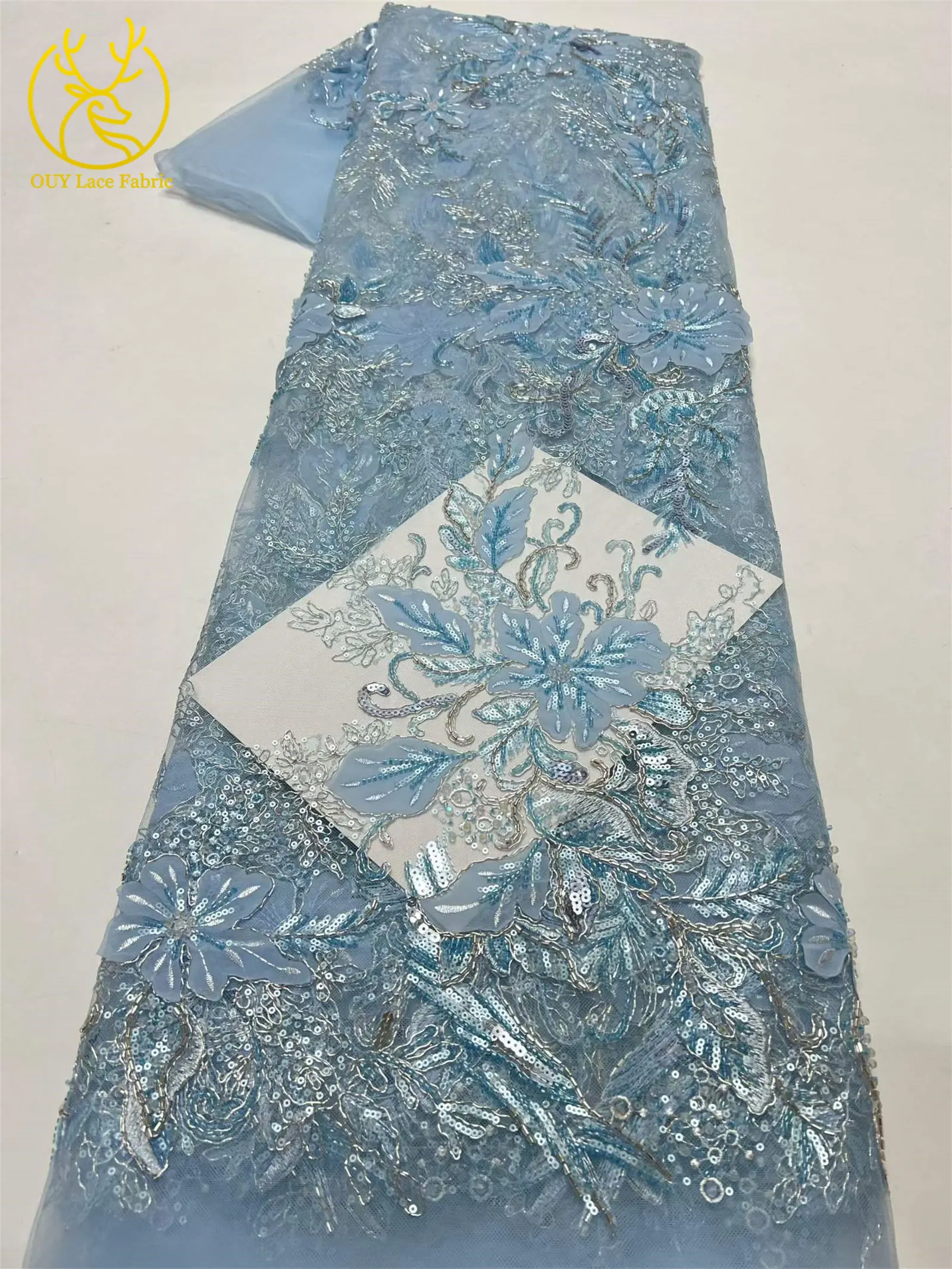Neuester luxuriöser afrikanischer bestickter Spitzenstoff mit Perlen und Pailletten, 5 Yards französischer Tüll-Spitzenstoff für Party- und Hochzeitskleider zum Nähen. – Detail 7
