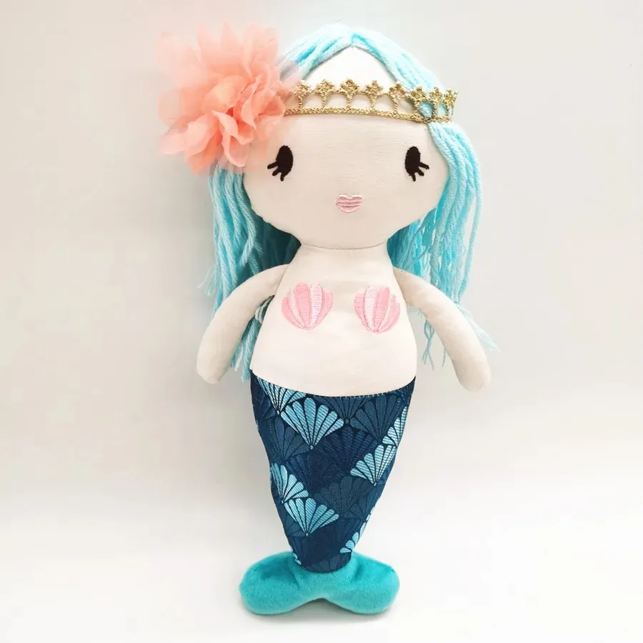 Mermaid Plush Toys With Blue Hair Handmade Cuddle Mermaid Baby Princess With Lace Headband Stuffed Soft Cloth Rag Doll