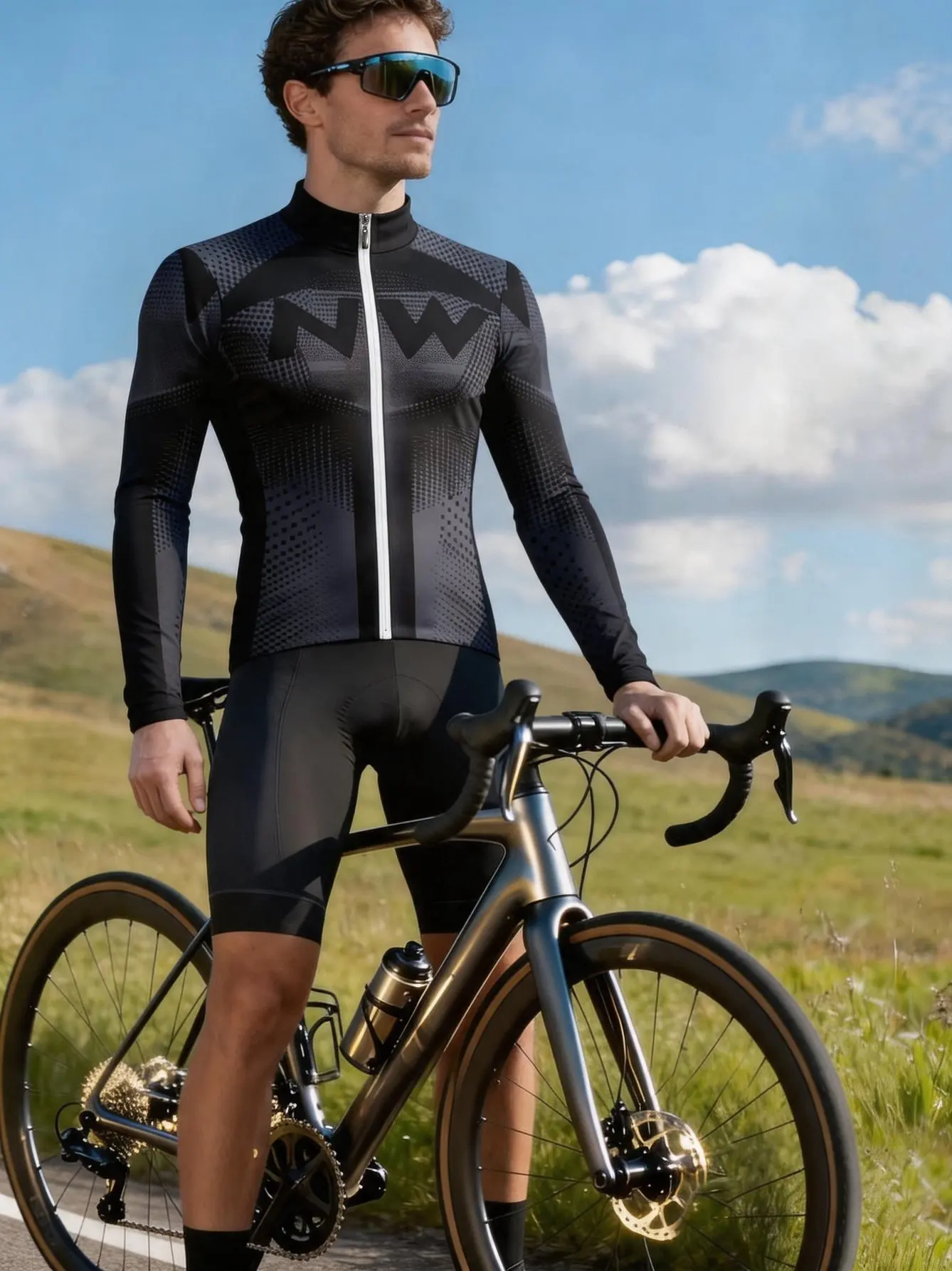 Unisex Cycling Long Sleeve Jersey Spring Autumn Black Grey Camo NW Logo Print Slim Fit Quick Dry Zipper Stand Collar Pro Racing