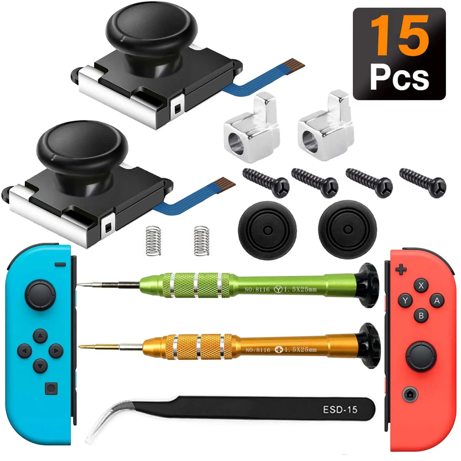 Kit de reparo 15 em 1 para substituição de joystick joycon, 2 pacotes para fix drift nintendo switch, controlador joy-con e joystick switch lite