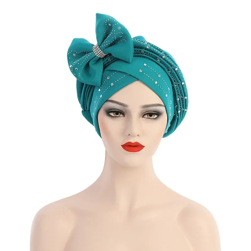 Bowknot African Headtie Women Crystal Rhinestone Africa Turban Cap Female Head Wraps Nigerian Auto Gele Wedding Party Headpiece