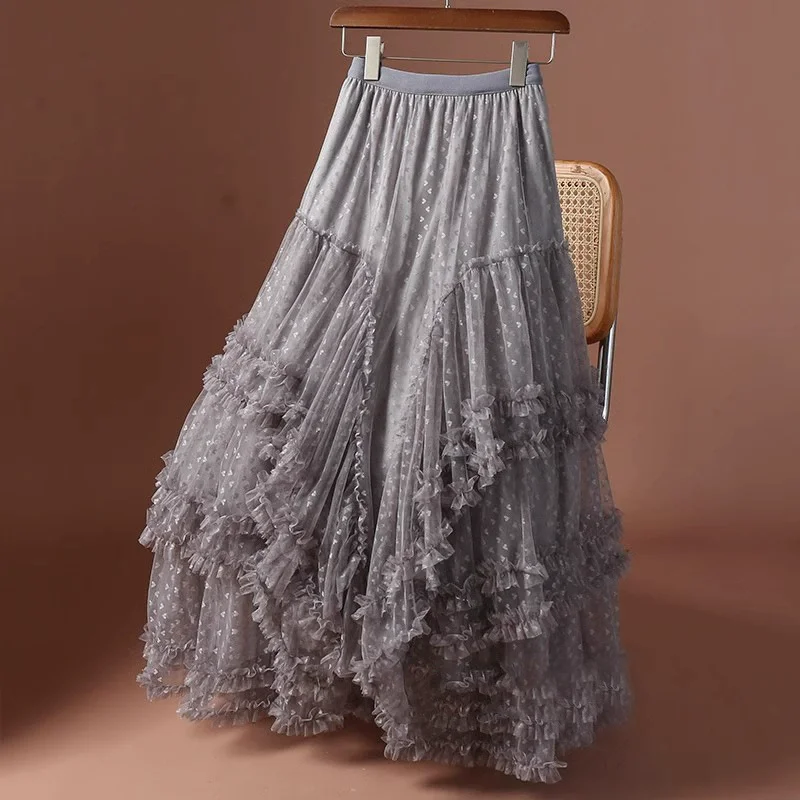 Sweet Women Tulle Maxi Skirt High Waist Elastic Tiered Ruffle Cake Skirt Elegant Fluffy A-Line Long Skirt for Party Daily Wear