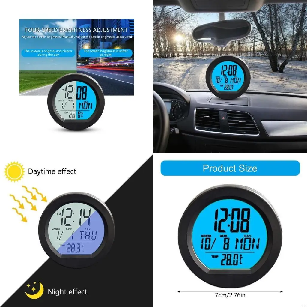 Solar Powered Date Week Clock Car Digital Clock Adhesive Round Clock New