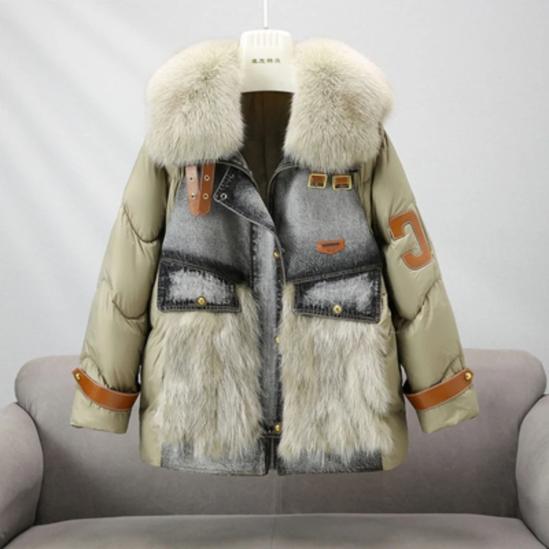 New Goose Down Denim Jacket for Women Real Fox Fur Collar Fur Loose Winter Navy Collar Design Long Coat IL00646