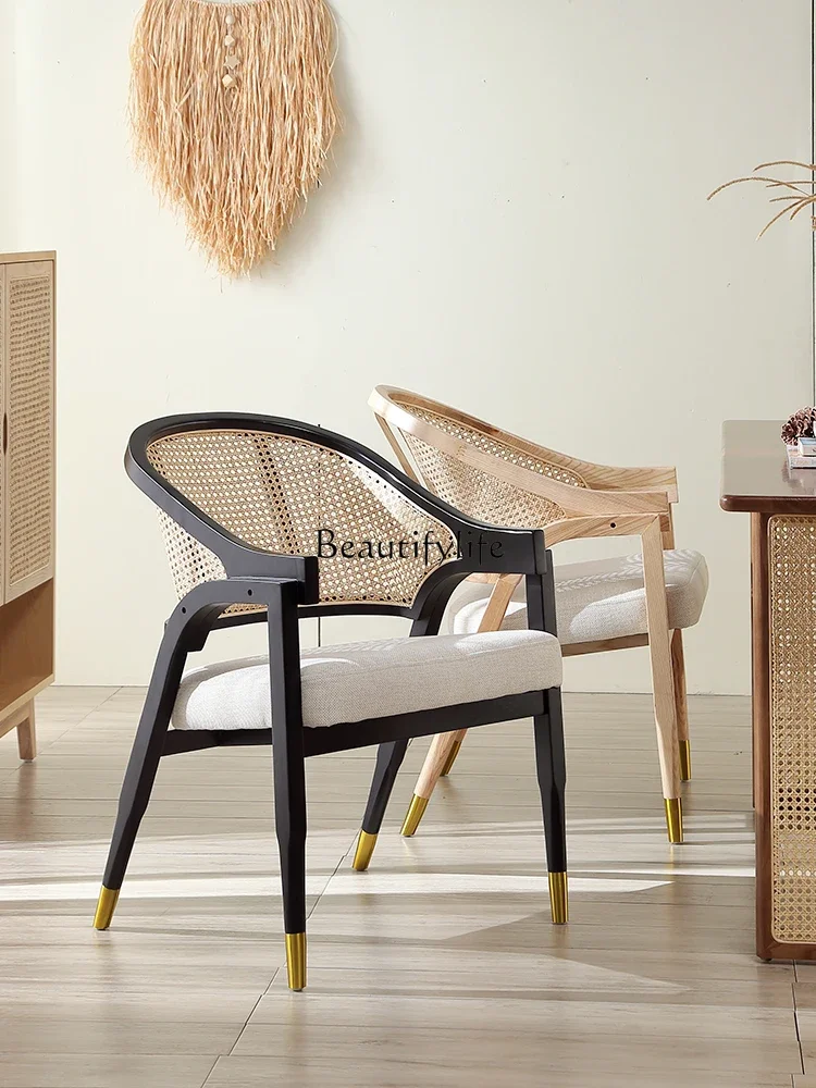 

Nordic light luxury solid wood leisure single rattan chair home homestay backrest armrest retro rattan chair