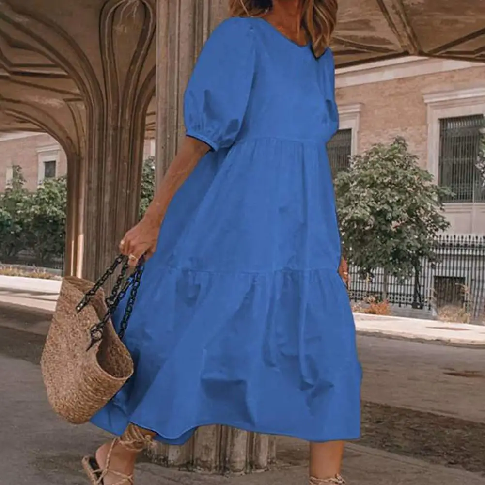 Sundress Casual 2024 Summer Beach Dress Elegant Loose Puff Sleeve Women Oversized Maxi Dresses Solid Floor-length Vestido