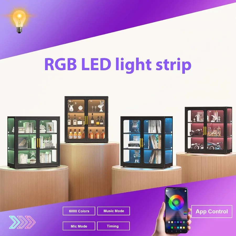 Display Cabinet with Glass Doors and RGB Lights for Collectibles view 5