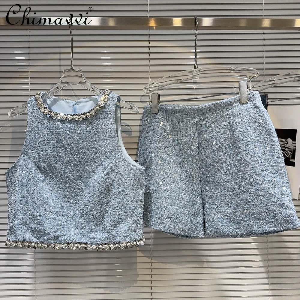

2024 Summer French Sexy Socialite Tweed Suit Silver Sequin Beads Crop Top Vest High Waist Wide Legs Shorts Two-Piece Set Women