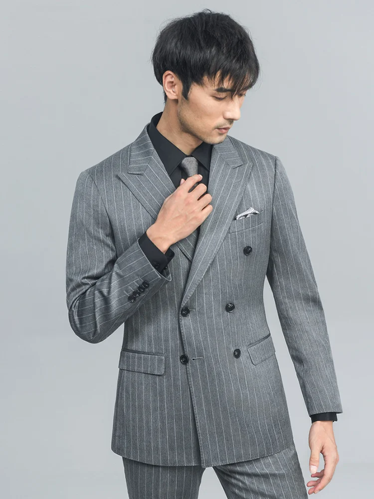 

Men Suits Set Double Breasted Grey Stripe Slim Fit Wedding Groom Wear 2022 Autumn Blazer Vest Pant Businessman Daily Clothing 58