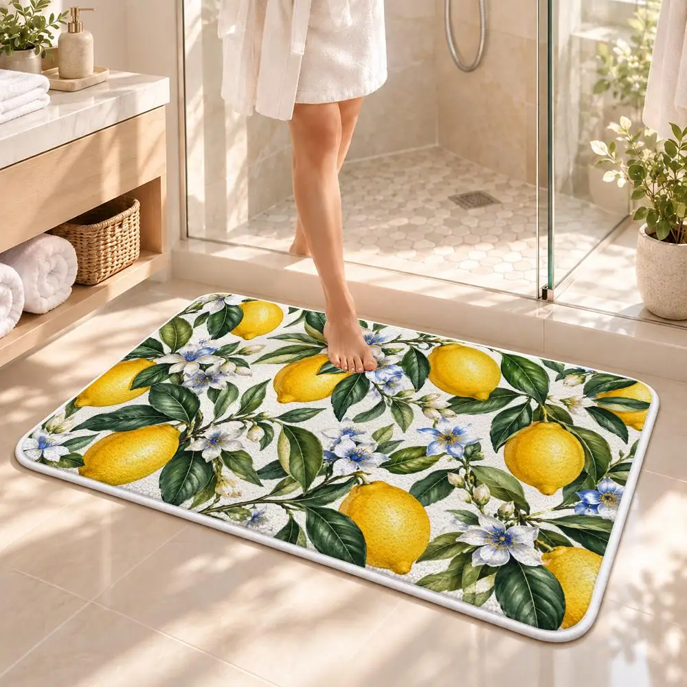 Lemon Blossom Mediterranean Floor Mat Soft Flannel Non Slip Door Mat for Bathroom Bedroom Entryway Home Decor Gift