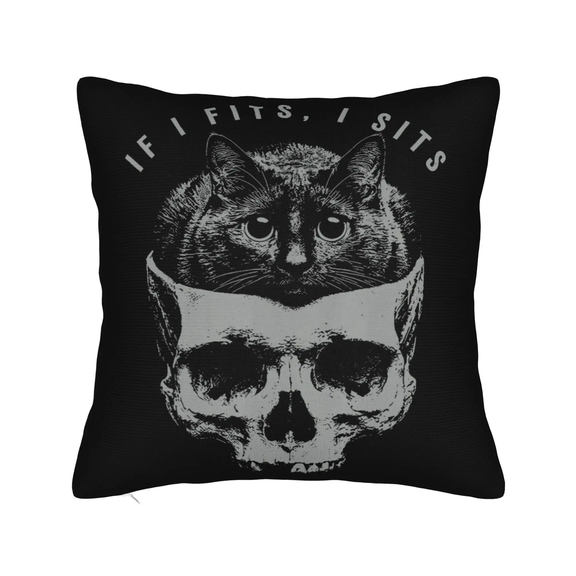 If It Fits I Sit Black Cat Skull Minimalist Meme Humor Pillow Case  Kawaii Pillow Cover Square Pillowcases For Home Decoration