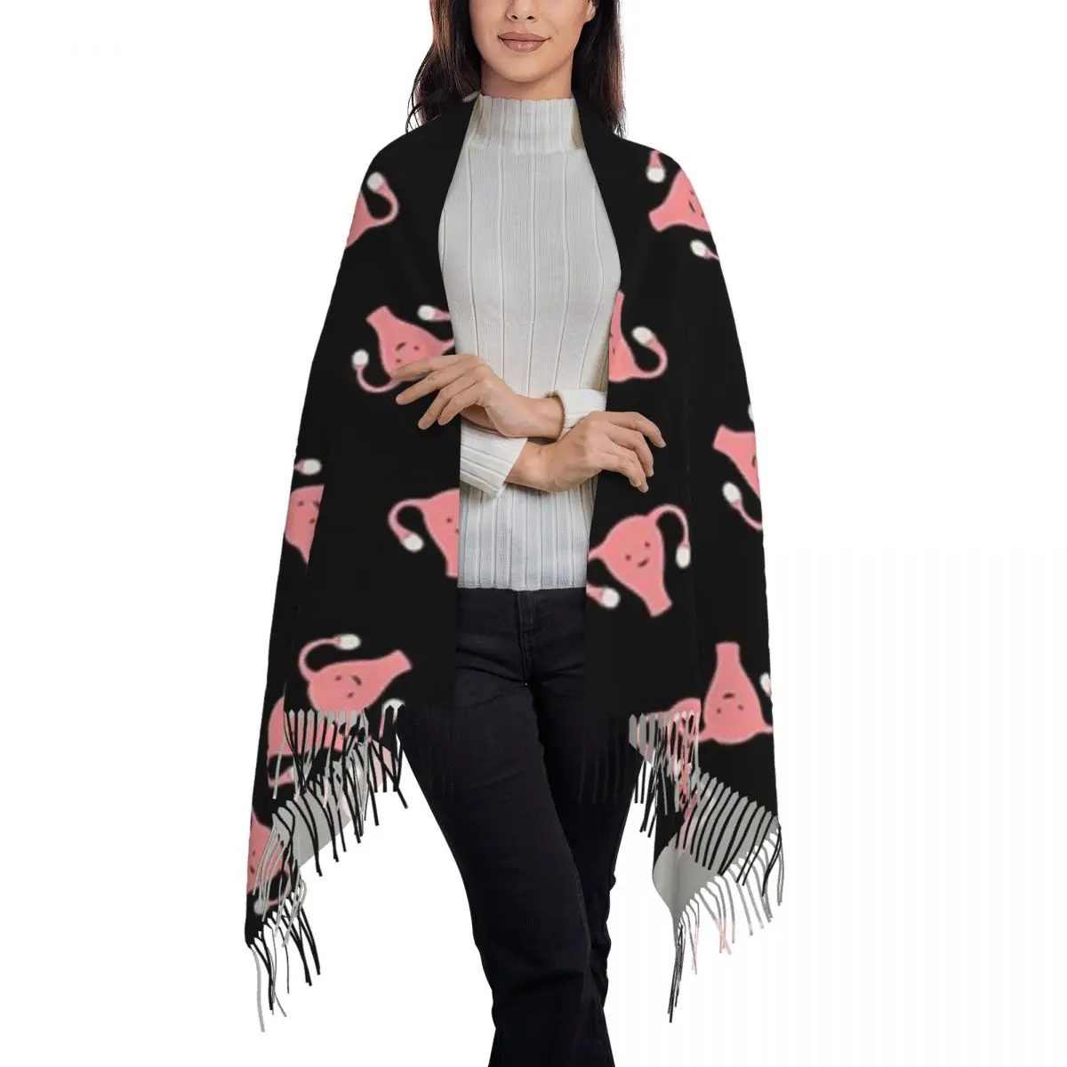 Crazy Happy Uterus In Black, Small Repeat Scarf Tassel Scarves for Women Soft Warm Shawls and Wraps Long Fall Winter Shawl Wrap