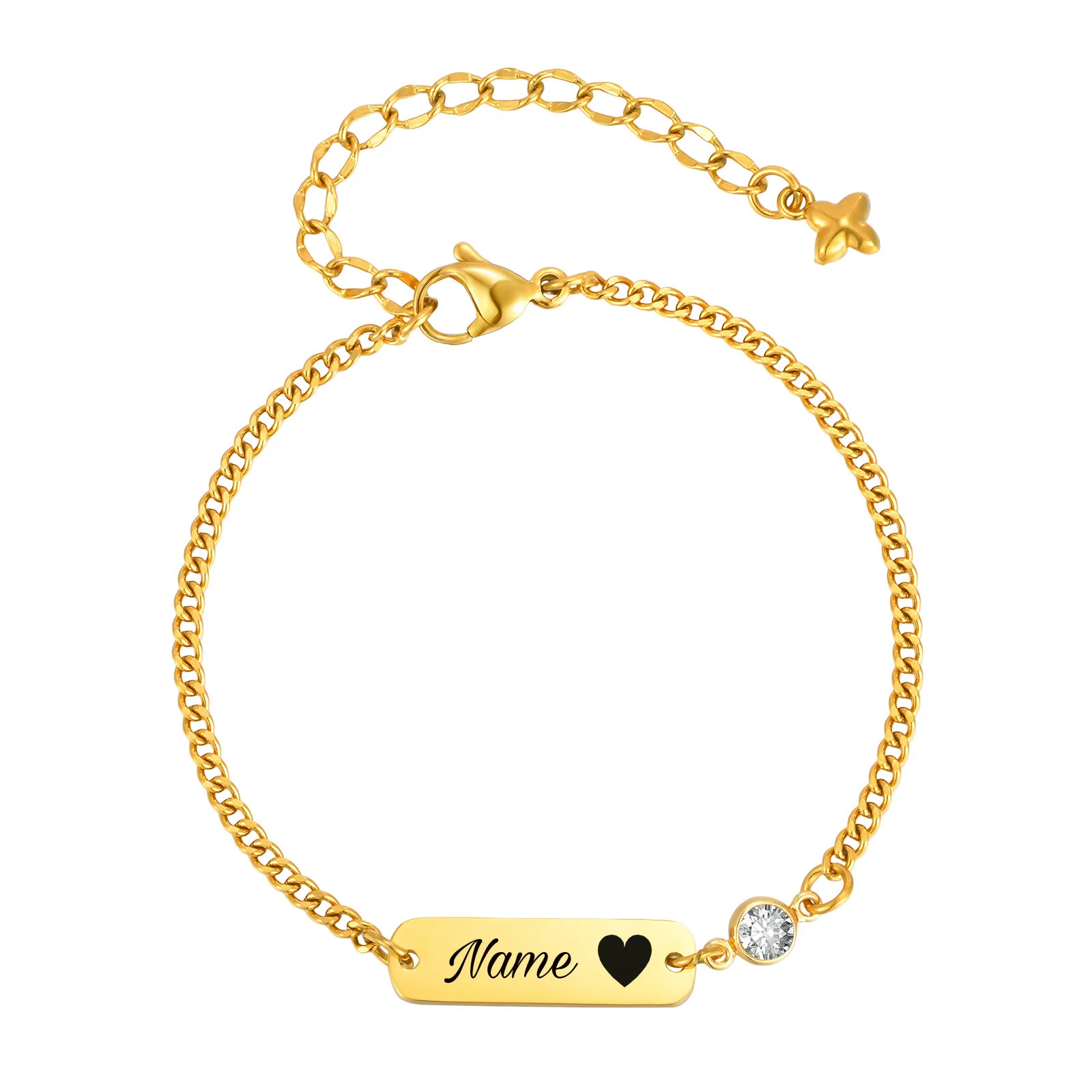 

Custom Engraved Name Cubic Zirconia Bar ID Bracelet for Women, Stainless Steel Personalized Gift