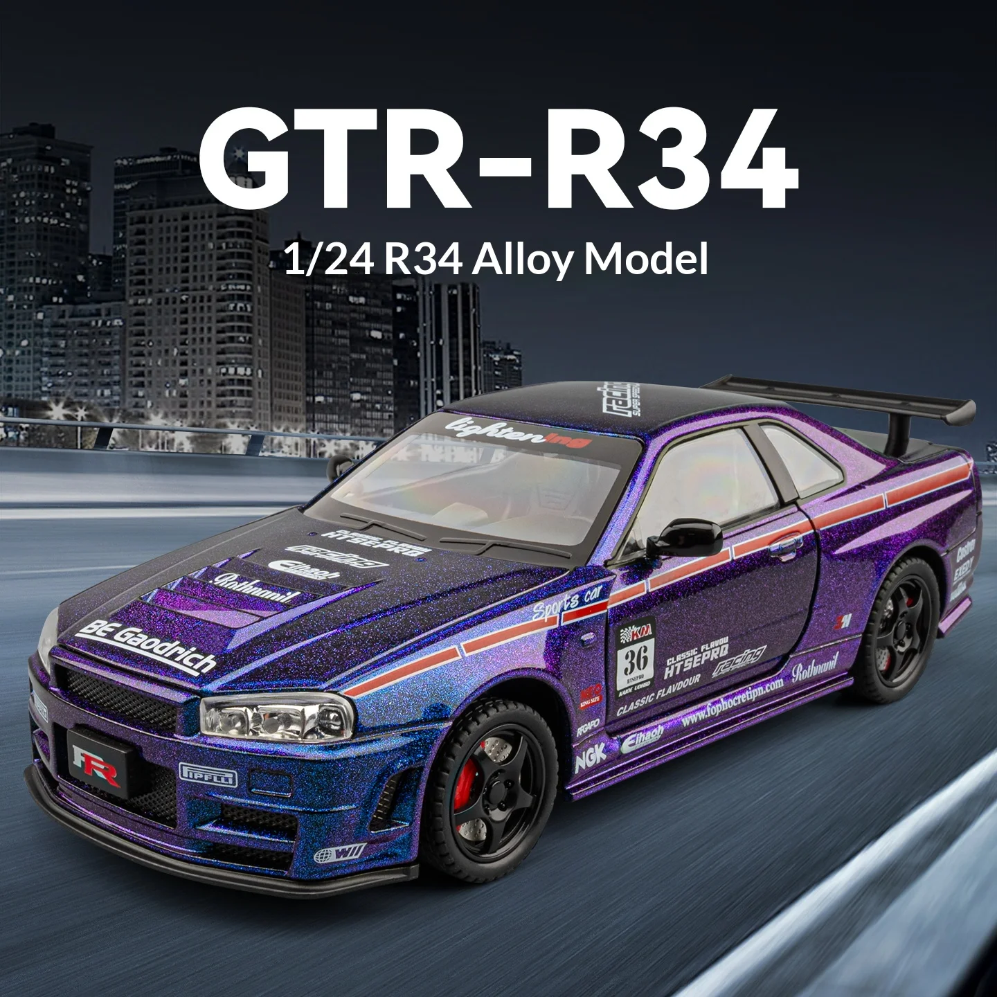 

1:24 scale GTR-R34 alloy die-cast car model simulation sound and light sports car children's toy racing boy gift