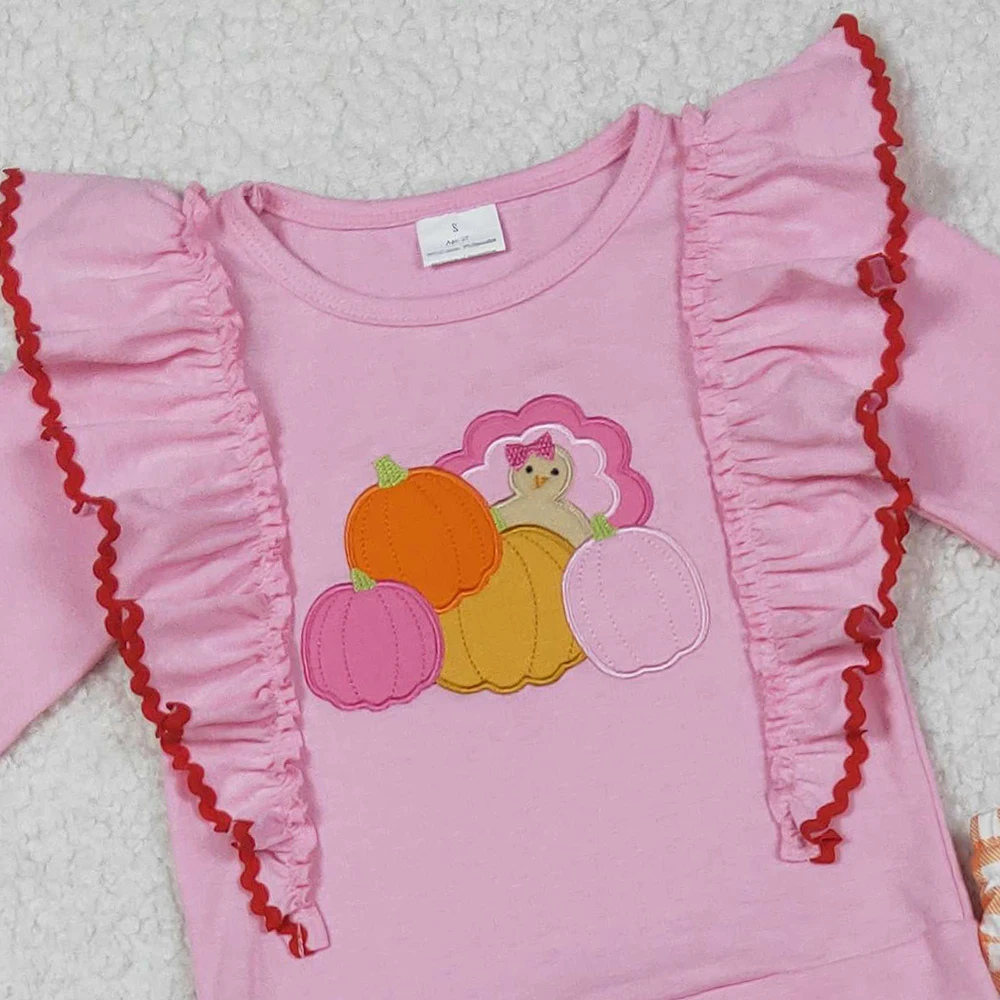 Top de calabaza de pavo de manga larga rosa para niñas con pantalones a cuadros naranjas conjunto de traje de Acción de Gracias para bebés