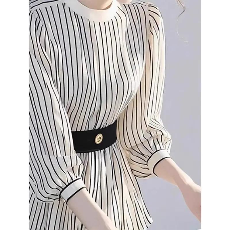 2025 shirt, high-end sensory and trendy striped long sleeved shirt, high-end design, waist collection, slimming