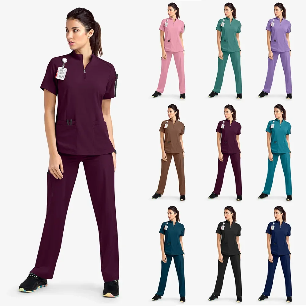 Kualitas tinggi Uniforme seragam perawat medis Scrub Set wanita dan pria Modern V-Neck Top dan celana pakaian kerja rumah sakit dokter setelan