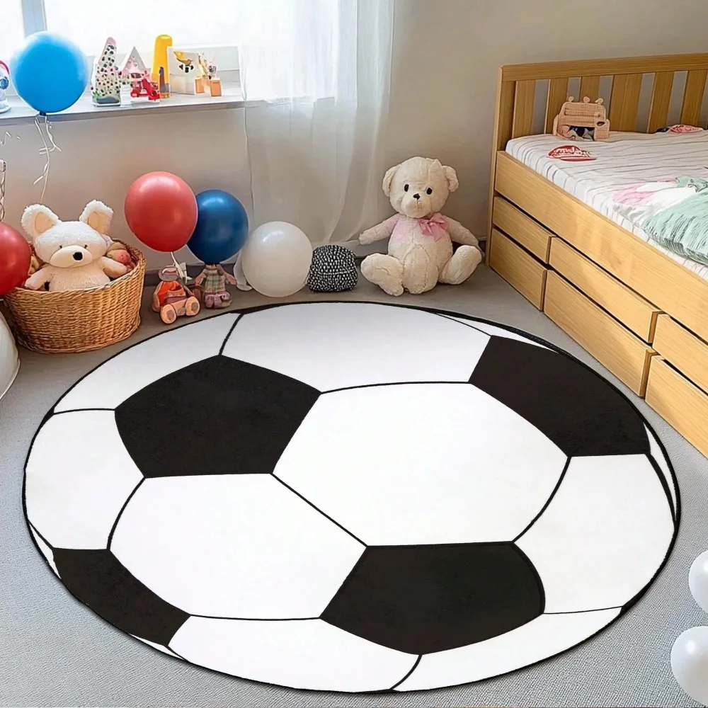 Round Sports Play Rug – Soccer Ball & Baseball Print, Soft Non-Slip Carpet for Playroom, Toddler & Kids’ Bedroom