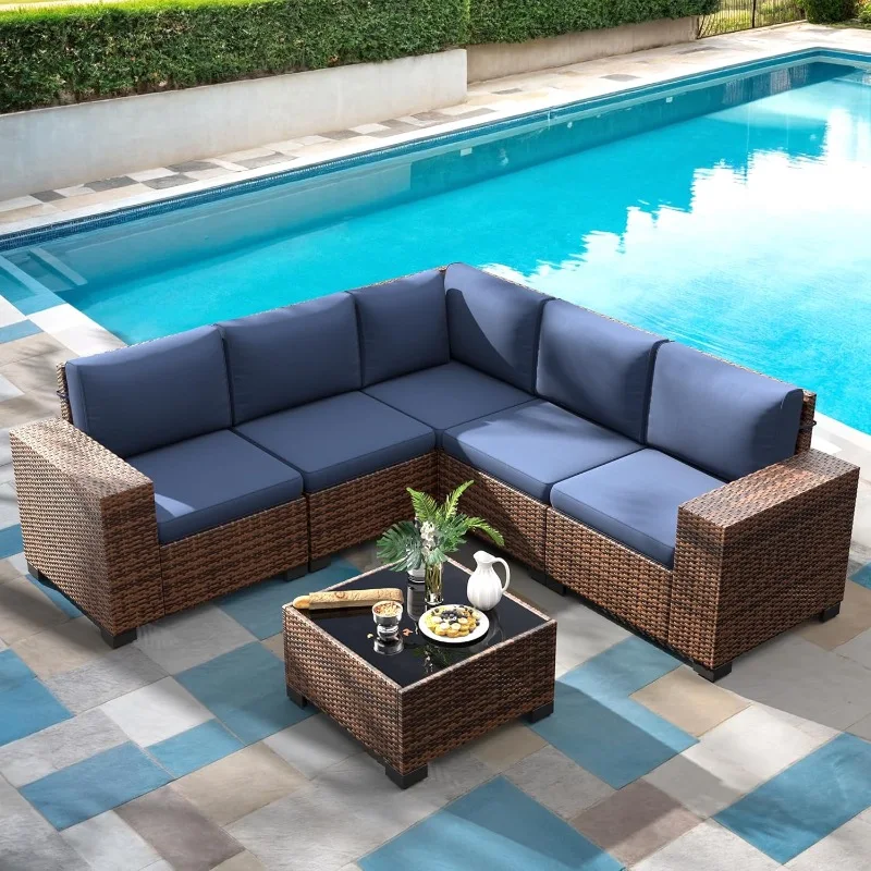 Outdoor Sectional Furniture Set 6-piece Brown Rattan Wicker Conversation Sofa Set with Glass Top Table and Waterproof Covers