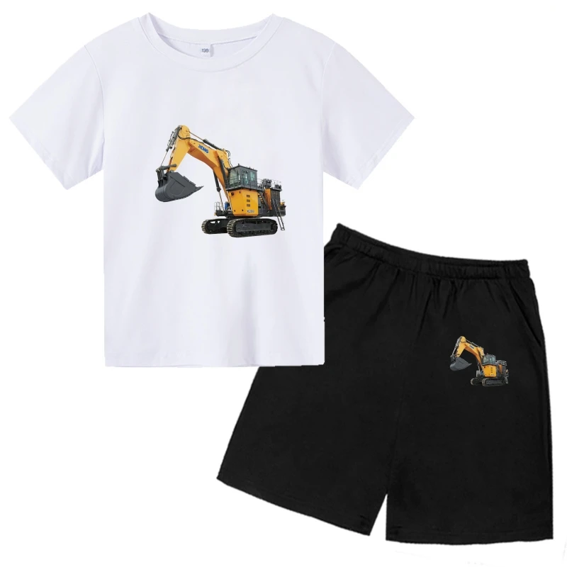 

excavator Printing Children's T-shirt Tops +Shorts Fashion digger suits Clothing 3-12 Year Boys Girls Round neck cute Set