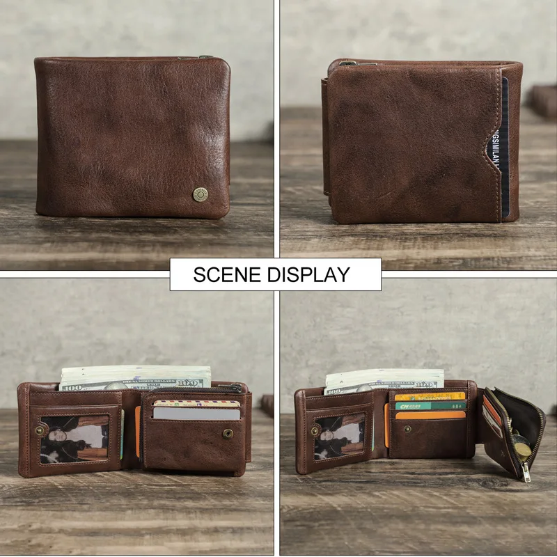 British Style Top Layer Cowhide Antitheft Brush Full Grain Top Layer Cowhide Three Fold Men Horizontal Multi Card Leather Wallet