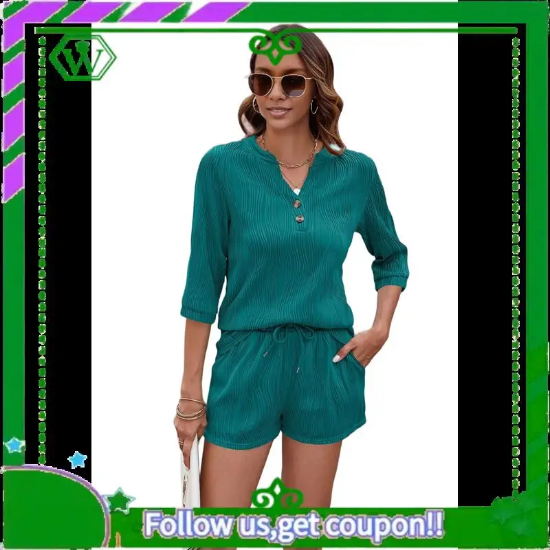 

A18P-Women's Solid Color V-Neck Mid-Sleeve Loose T-Shirt Pocket Shorts Set