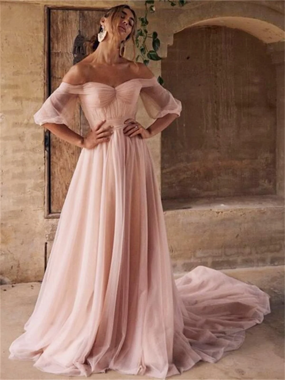 Sansa Elegant Puffy Sleeve A-line فساتين السهرة Sweet Off Shoulder Vestidos De Noche Romantic Pink Wedding After Party Dresses