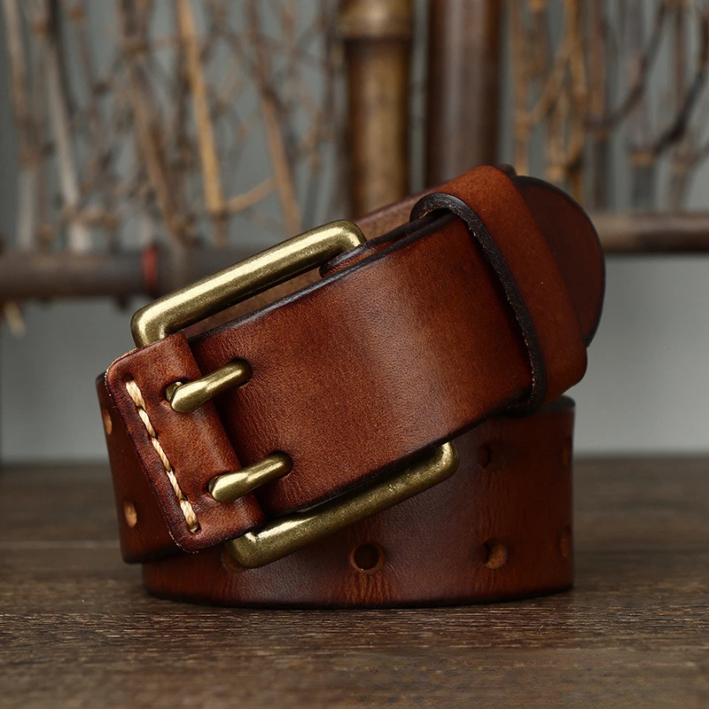 Herren Ledergürtel 3,8 cm * 105-125 cm Doppeldornschließe Gürtel Oberschicht Rindsleder Echtes Vintage Kupfer Dekor Jeans Männlicher Bund – Detail 4