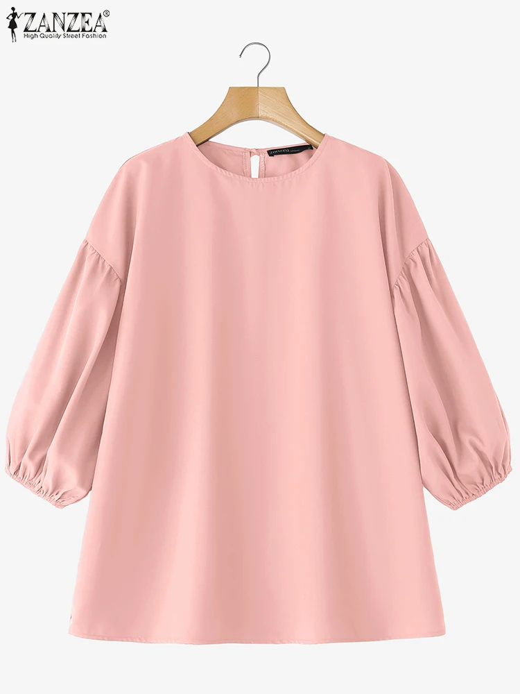 

2025 ZANZEA Fashion Women Lantern Sleeve Blouses Solid Color Shirts Summer 3/4 Sleeve Round Neck Tunic Elegant Office Tops Blusa