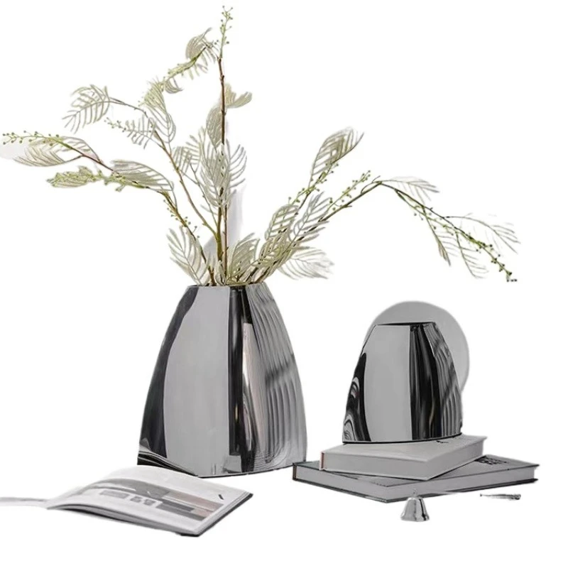 

Modern minimalist light luxury stainless steel flower arrangement ornament, home living room TV cabinet desktop vase geometry