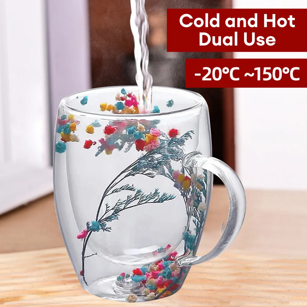 

Creative Double Wall Glass Cup Dried Flower Filler Glass Cups Tea Coffee Cups Gifts High Borosilicate Glass Cups with Handles