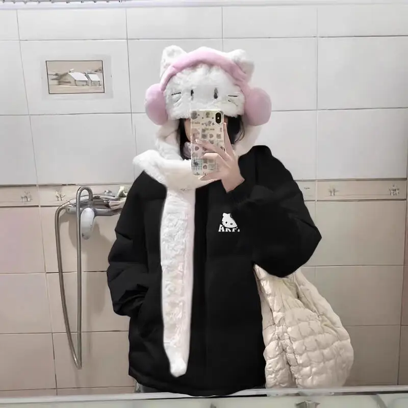 

Kawaii Hello Kitty пуховик с принтом для женщин и мужчин, зимнее пальто с воротником-стойкой, 2025 г., теплое, толстое, повседневное, Sanrio Y2K, эстетичная уличная одежда