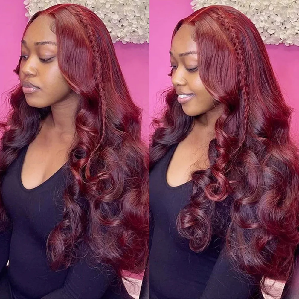

220 Density 99J Burgundy Body Wave 13x4 Lace Front 100% Human Hair Wig 13x6 HD Transparent Lace Frontal Wigs for Women 40 Inches